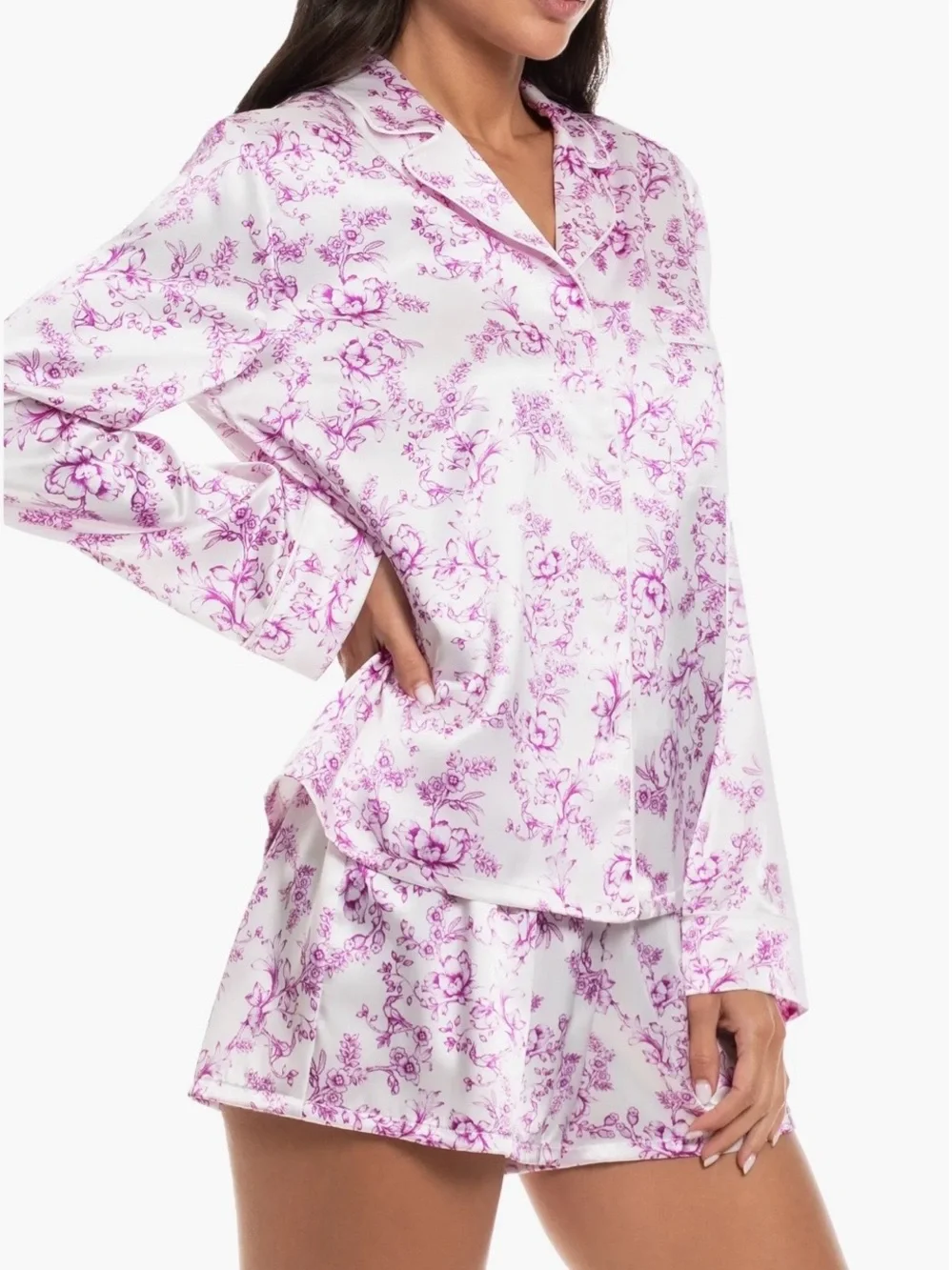 Floral Satin Two-Piece Pajama Set - Pink on White NWOT